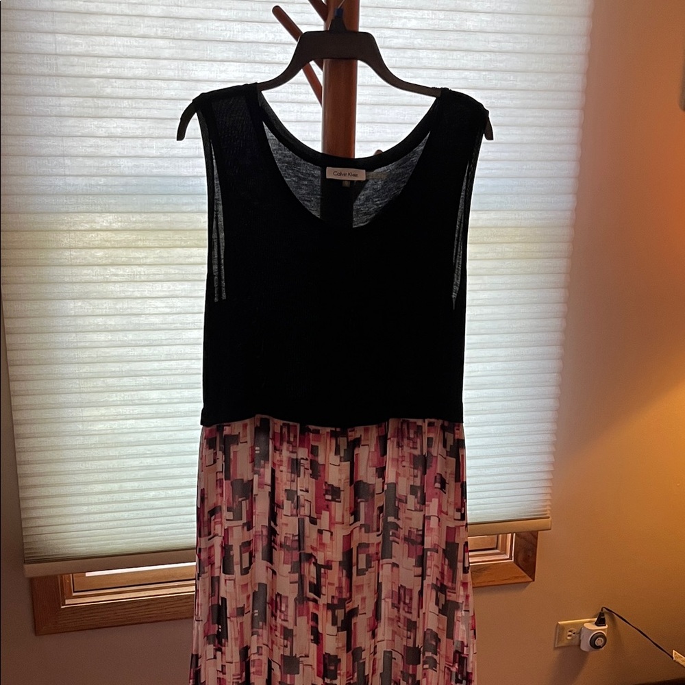 Calvin Klein Black Top with Pink Pattern Midi Dress